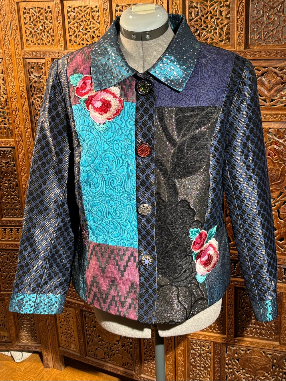 Julia Kim Patchwork Floral Embroidered Women's Jacket in Teal, Black & Pink